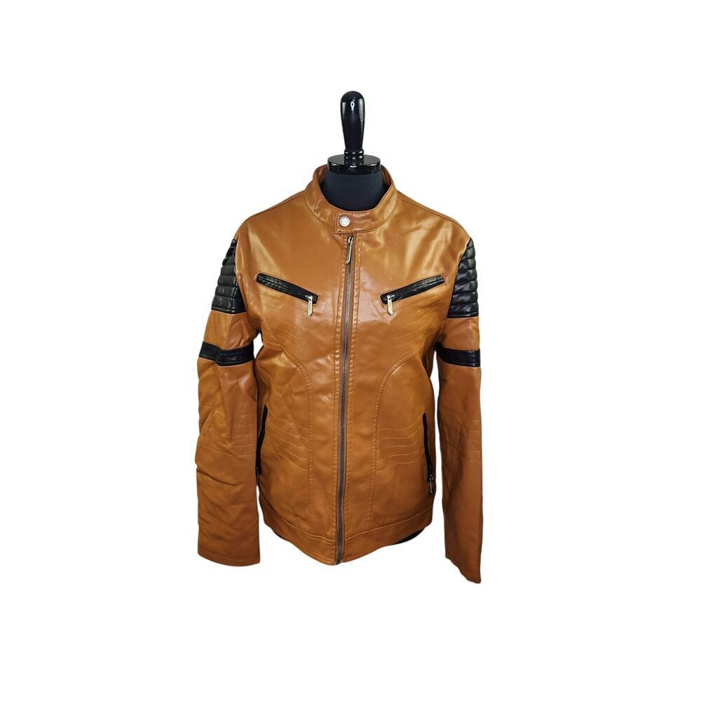 American Breed Faux Leather Moto Jacket Brown Black Faux Fur Lined M